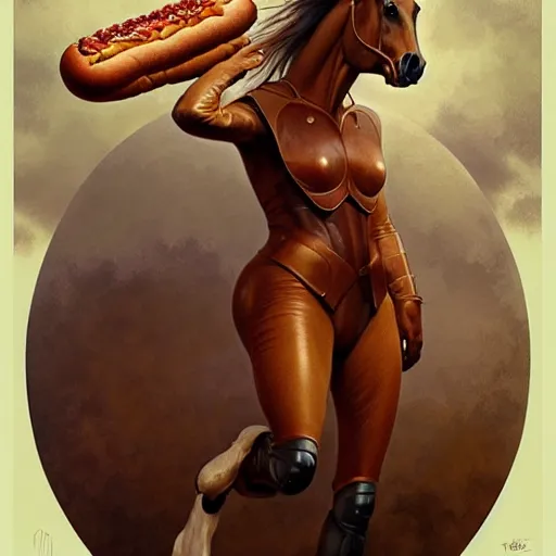 Image similar to portrait of a horse with hot dogs for legs, handsome, D&D, fantasy, intricate, elegant, highly detailed, digital painting, artstation, concept art, matte, sharp focus, illustration, art by Artgerm and Greg Rutkowski and Alphonse Mucha