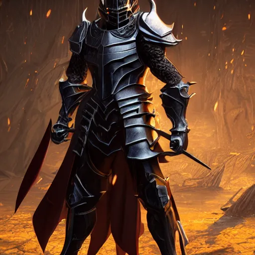 Image similar to a photorealistic 3D render of a full body dark side knight (as an archetypal DnD isekai Demon Lord) wearing armor made of gold and silver, unreal engine, octane render, cinematic lighting, a sense of evil, hard surface character concept art, character design, hyper realism, high detail, depth of field, stunning cgsociety, HD, HDR, 4k