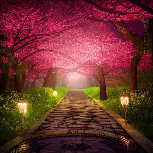 Image similar to photorealistic beautiful cherry blossom forest with victorian lanterns lining the stone pathway. hyperdetailed photorealism, 1 0 8 megapixels, amazing depth, glowing rich colors, powerful imagery, psychedelic overtones, 3 d finalrender, 3 d shading, cinematic lighting, artstation concept art
