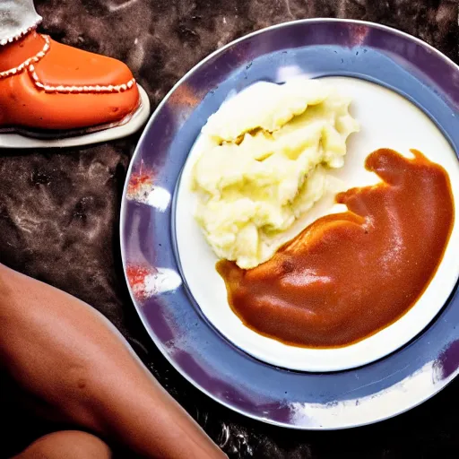 Prompt: a tiny bigfoot clown swims in a pool of gravy on a plate of mashed potatoes, professional foot photography