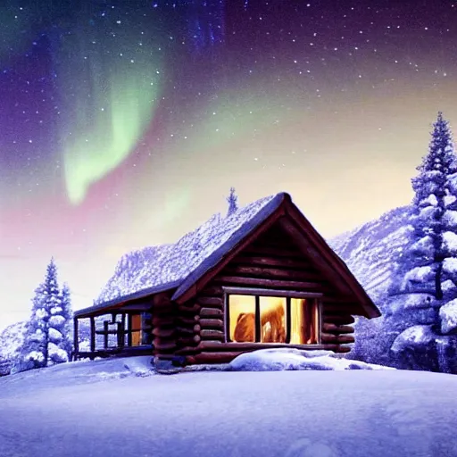 Image similar to a small log cabin in a snow covered, mountainous landscape below a night sky displaying the northern lights, trending on artstation