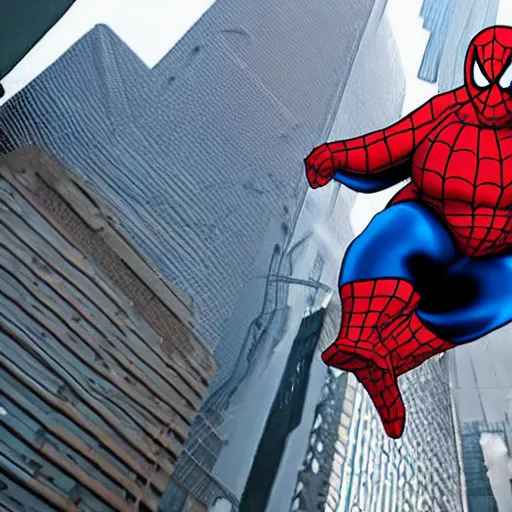 Prompt: morbidly obese Spiderman bouncing on skyscrapers