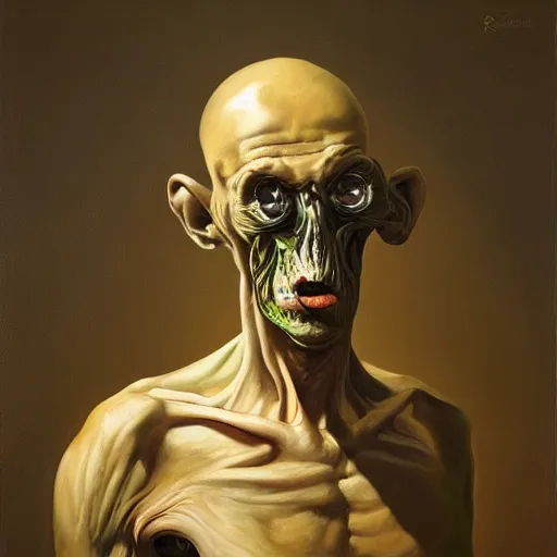 Image similar to oil painting by christian rex van minnen of a portrait of an extremely bizarre disturbing mutated man with proteus syndrome shiny bulbous intense chiaroscuro lighting perfect composition