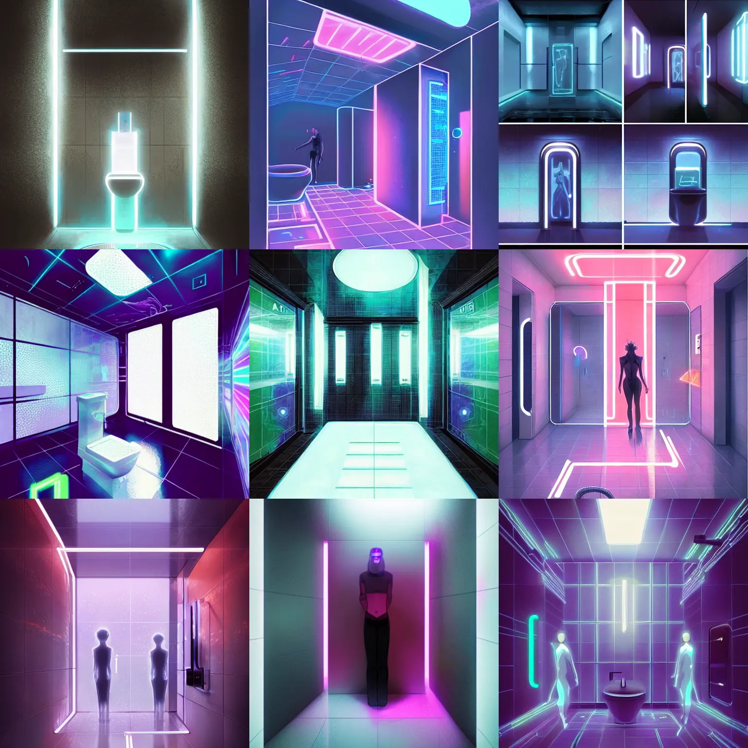 Prompt: a restroom from the future in the year 2 1 0 0, cyberpunk bathroom with holograms and neon lights, minimalist architecture, art by charlie bowater and greg rutkowski