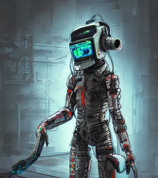 Prompt: realistic cyberpunk japanese engineer with long limbs and a black spacesuit welding, techwear, dead space, visible face, gritty Industrial Scifi, detailed illustration, character portrait, by Martin Grip and Moebius