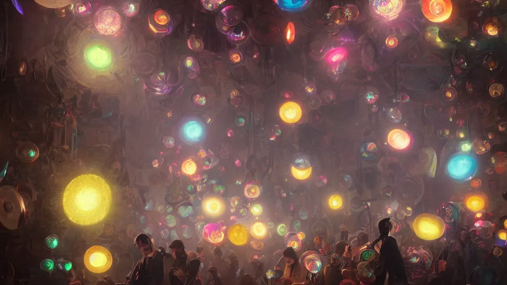 Image similar to swarm of colorful glowing iridescent discs surrounding a victorian man, by greg rutkowski