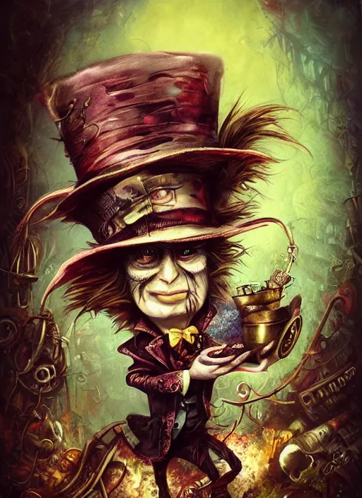 Prompt: mad hatter, angry, scary, cheeky, steampunk style, highly detailed, cinematic, 8 k, by megan duncanson, benjamin lacombe, stanley artgermm, tom bagshaw, craig mullins, carne griffiths, ayami kojima, beksinski, giger, trending on deviantart, hyper detailed, horror, full of colour