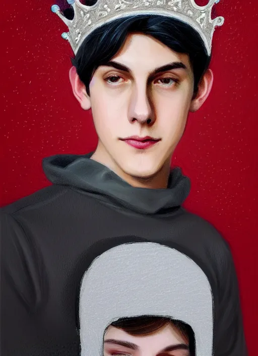 Image similar to portrait of teenage jughead jones wearing a light grey crown, photorealistic, crown, eyes closed, crown, black hair, sweater with letter s on it, letter s, intricate, elegant, glowing lights, highly detailed, digital painting, artstation, concept art, smooth, sharp focus, illustration, art by wlop, mars ravelo and greg rutkowski