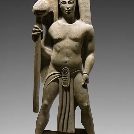 Prompt: Urartian poterie à l'engobe, representing Ur-Enkidu wielding his sacred mace, 2000 B.C, Musée du Louvre catalogue photography