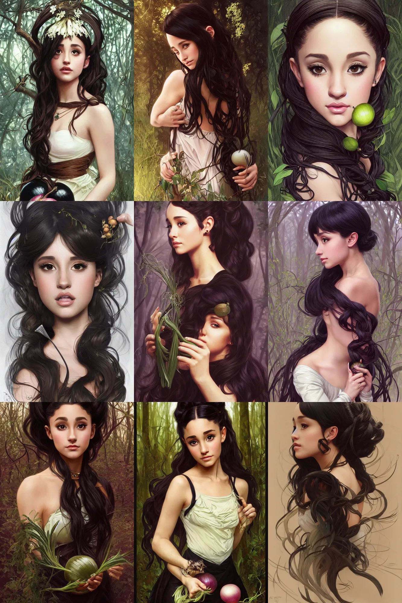 Prompt: beautiful cottagecore Ariana Grande holding a Black Onion, dark Hair, dark forest, intricate, elegant, highly detailed, digital painting, artstation, concept art, smooth, sharp, focus, illustration, art by artgerm and greg rutkowski and alphonse mucha