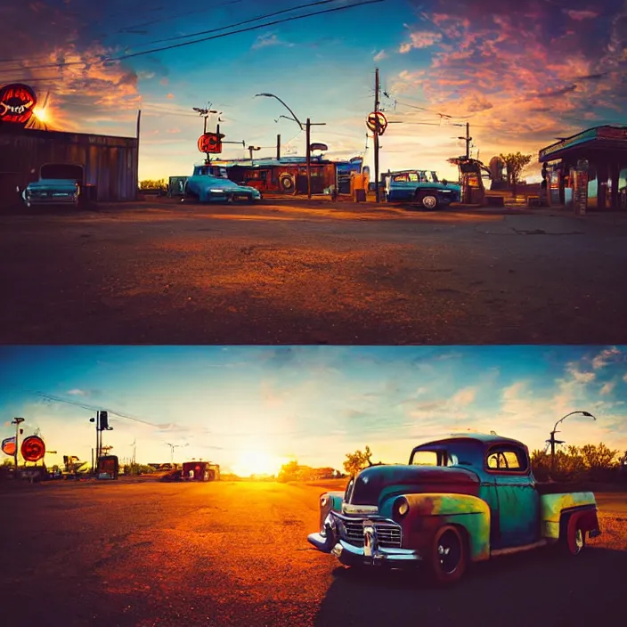 Image similar to a sunset light landscape with historical route 6 6, lots of sparkling details and sun ray ’ s, blinding backlight, smoke, volumetric lighting, colorful, octane, 3 5 mm, abandoned gas station, old rusty pickup - truck, beautiful epic colored reflections, very colorful heavenly, softlight