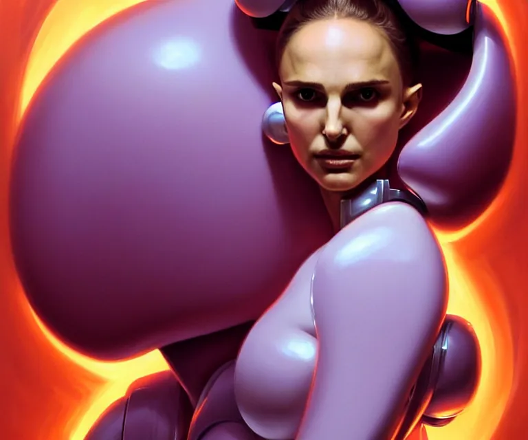 Image similar to beautiful fantasy character portrait, natalie portman, wearing orange puffy bomber jacket with white fur, seductive reclining pose, futuristic robots, ultra realistic, dramatic lighting, robots, the fifth element artifacts, highly detailed by peter mohrbacher, hajime sorayama, wayne barlowe, boris vallejo, aaron horkey, gaston bussiere, craig mullins