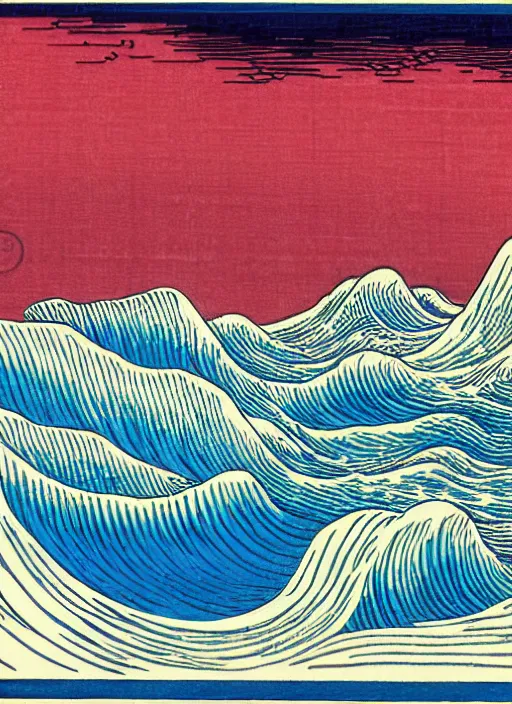 Image similar to a painting of waves in the ocean with mountains in the background, a woodcut by utagawa hiroshige ii, pixiv, ukiyo e, ukiyo e, vaporwave, woodcut