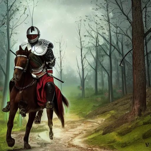 Image similar to aleksandar vucic wearing shining plate armor and riding a horse on a path through a dark forest, highly detailed, digital painting, sharp focus