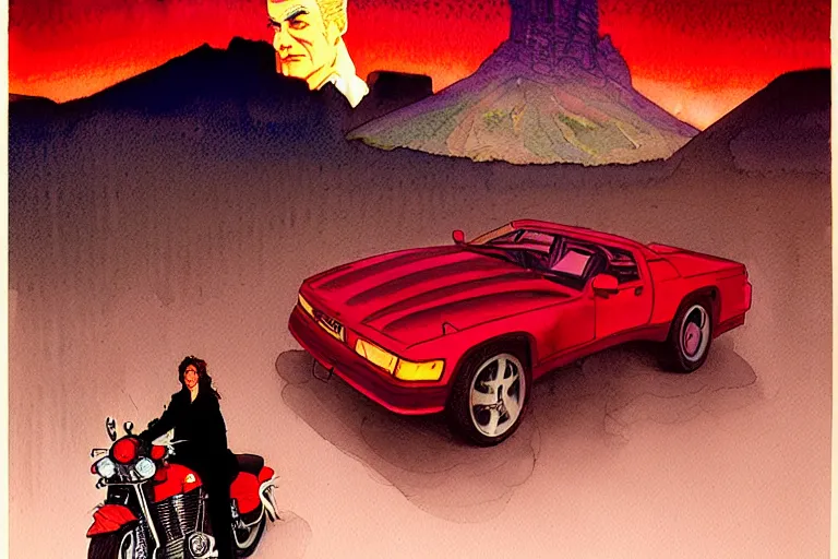 Image similar to a hyperrealist watercolour character concept art portrait of twin peaks. red curtain. on well lit night in the las vegas. there is a motorcycle. a ufo is in the background. by rebecca guay, michael kaluta, charles vess and jean moebius giraud