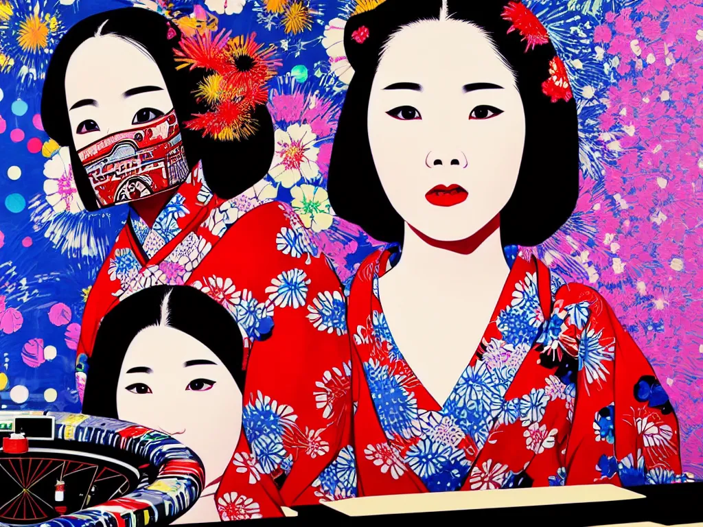 Image similar to hyperrealistic composition of the detailed woman in a japanese kimono sitting at a extremely detailed poker table with detailed darth vader, fireworks, mount fuji on the background, pop - art style, jacky tsai style, andy warhol style, acrylic on canvas