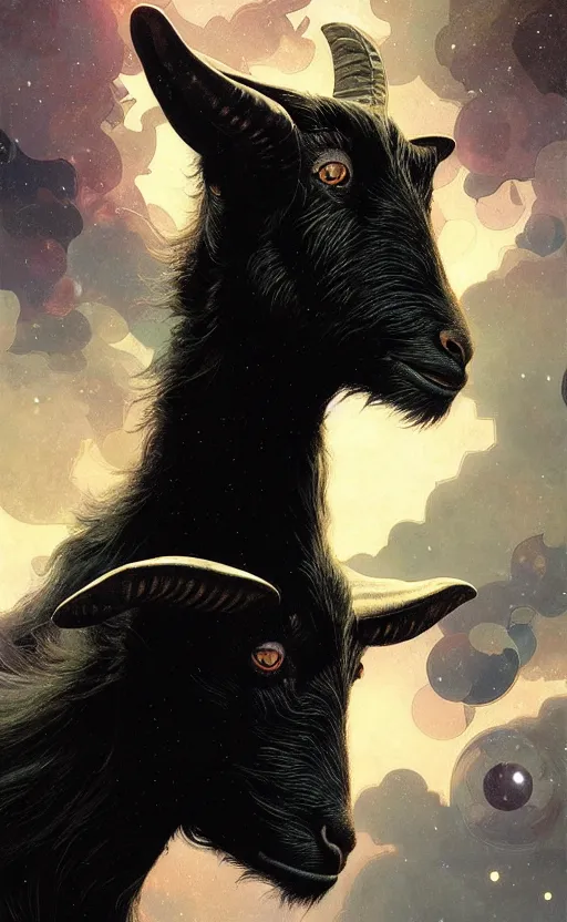 Image similar to a detailed portrait of a black goat in space, concept art, deep focus, intricate, highly detailed, digital painting, artstation, matte, sharp focus, illustration, art by greg rutkowski and alphonse mucha