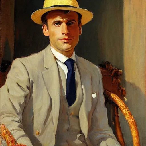 Prompt: a portrait of emmanuel macron wearing a straw hat in a scenic environment by j. c. leyendecker