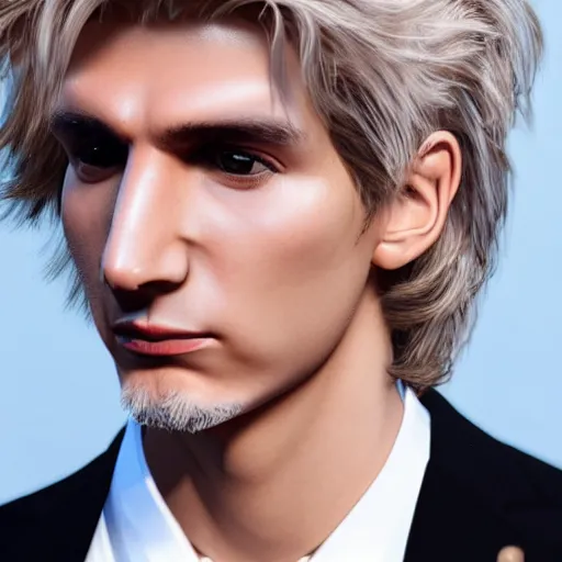 Image similar to a closeup shot of handsome xqc, gigachad, strong jawline, photorealism, 8k