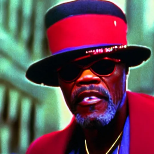 Image similar to a film still of Samuel L. Jackson dressed as a Pimp in a 1970s Blaxploitation film, 40mm lens, shallow depth of field, split lighting, cinematic