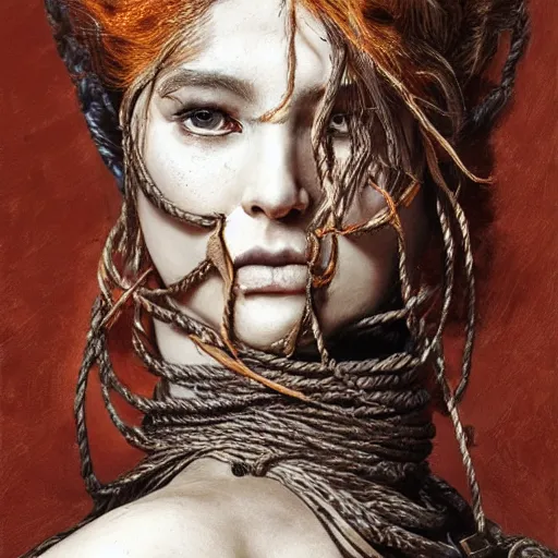 Image similar to portrait of a Shibari rope wrapped face and neck, headshot, insanely nice professional hair style, dramatic hair color, digital painting, of a old 15th century, old cyborg merchant, amber jewels, baroque, ornate clothing, scifi, realistic, hyperdetailed, chiaroscuro, concept art, art by Franz Hals and Jon Foster and Ayami Kojima and Amano and Karol Bak,