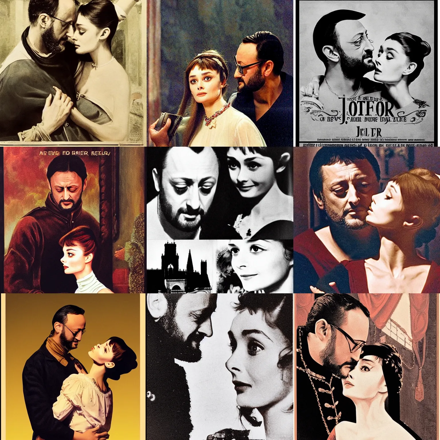 Prompt: Historical Romeo (Jean Reno) and Juliet (Audrey Hepburn), are looking at each other romantically. romantic, tragic, restrained, lumnious, 19th theater poster by rank Dicksee, Alfred Elmore, Mather Brown