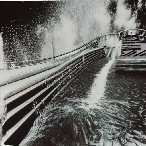 Image similar to 1 9 9 0 s polaroid photograph of a log flume going down a slide making a big splash, during the day, crowd of people getting splashed with water, weathered image artifacts