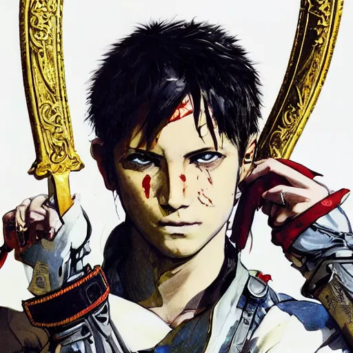 Image similar to portrait of a young white hero using his right arm to hold his sword covering his eye by yoji shinkawa, high quality, extra details, realism, ornate, colored, golden chain, blood, white skin, short hair, brown eyes, vivid, sunlight, red headband, black eyepatch, white american soldier, painting, cybernetics, military