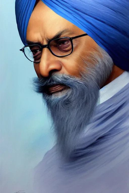 Prompt: Manmohan Singh as Krish, Krish costume, Manmohan Singh blue turban, Krish body type, Manmohan Singh Face, calm, grumpy, portrait, masculine figure, highly detailed, digital painting, artstation, concept art, smooth, sharp focus, illustration, cinematic lighting, art by artgerm and greg rutkowski and alphonse mucha