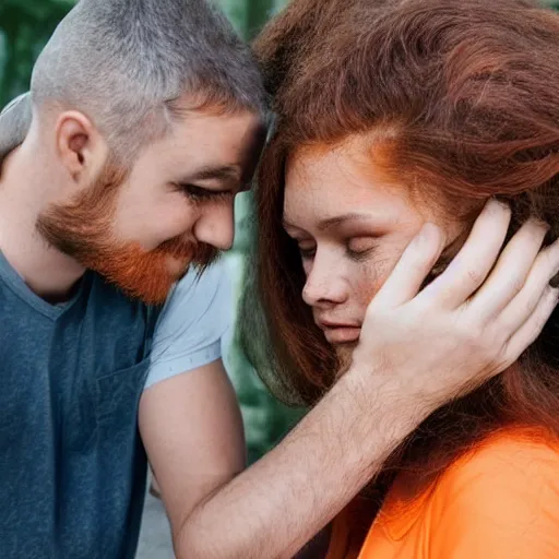 Image similar to a man gently slapping a woman in the face with a lizard. The man has a dark well groomed beard, the woman is attractive with straight red orange hair in the face with a lizard