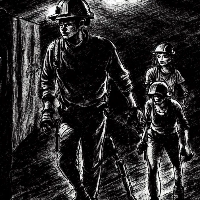 Image similar to sadie sink as a miner pushes a mine cart, emerges from the darkness. set in a dark coal mine. storyboard, scifi cyberpunk. by gabriel hardman, joe alves, chris bonura. cinematic atmosphere, detailed and intricate, perfect anatomy