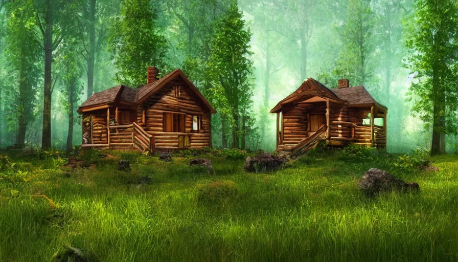 Image similar to a clearing in a forest with a cabin, digital art, highly detailed, realistic, bright colors, 8 k