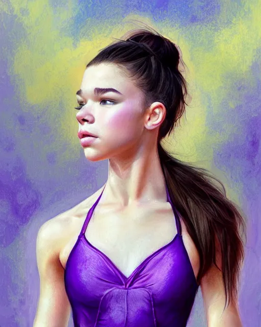 Prompt: hailee steinfeld as a ballerina, perfect face, purple halter top, black hair, abs, cinematic, young adult, slim face, stunning, adorable, cute, athletic, strong, agile, highly detailed, psychedelic, digital painting, artstation, smooth, hard focus, illustration, art by jessica rossier and and brian froud