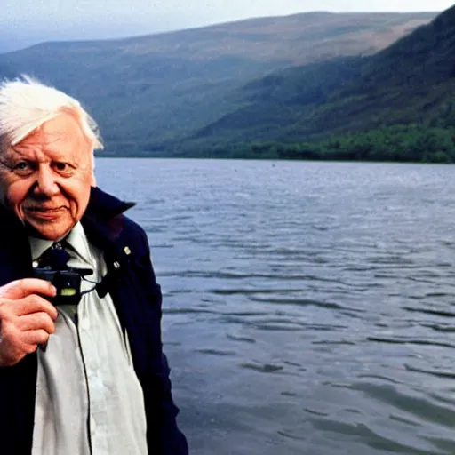 Prompt: Sir David Attenborough at a lake, looking at the Loch Ness Monster Nessie