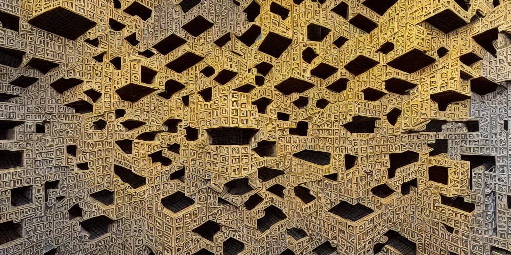 Image similar to endless menger sponge megastructure in the style of mc escher, realistic lighting, very intricate detailed photo, sharp focus, colorful, hd