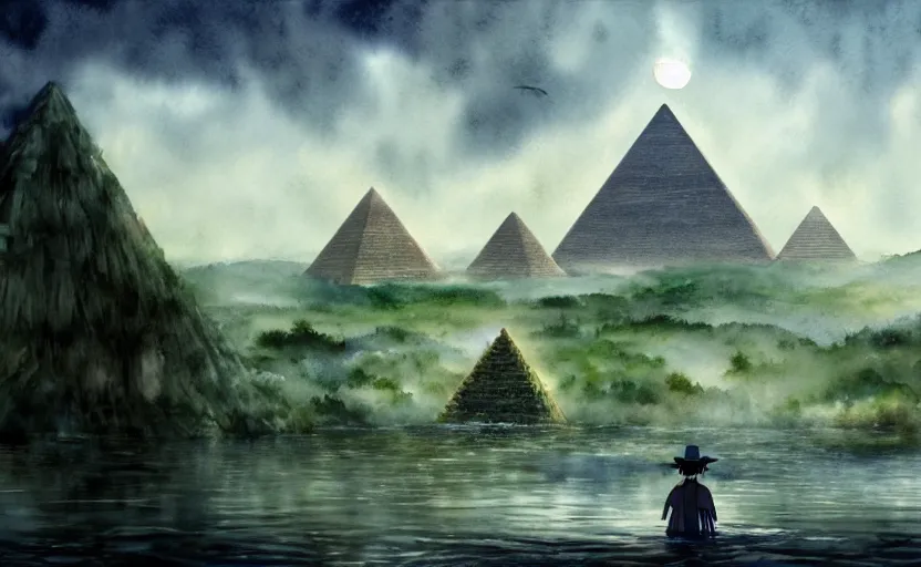 Image similar to a realistic and atmospheric cell - shaded watercolor concept art from howl's moving castle ( 2 0 0 4 ) of a futurist sci - fi city and an egyptian pyramid complex in a flooded rainforest. very dull muted colors, hd, 4 k, hq