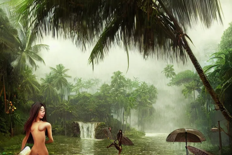 Prompt: ultra realistic illustration, photo, monsoon on tropical island, attractive oriental woman, back, ornate, beautiful, atmosphere, vibe, mist, coconuts, rain, wet, pristine, puddles, melting, dripping, creek, bridge, forest, roses, flowers, by stanley artgerm lau, thomas kindkade, art gta 5 cover