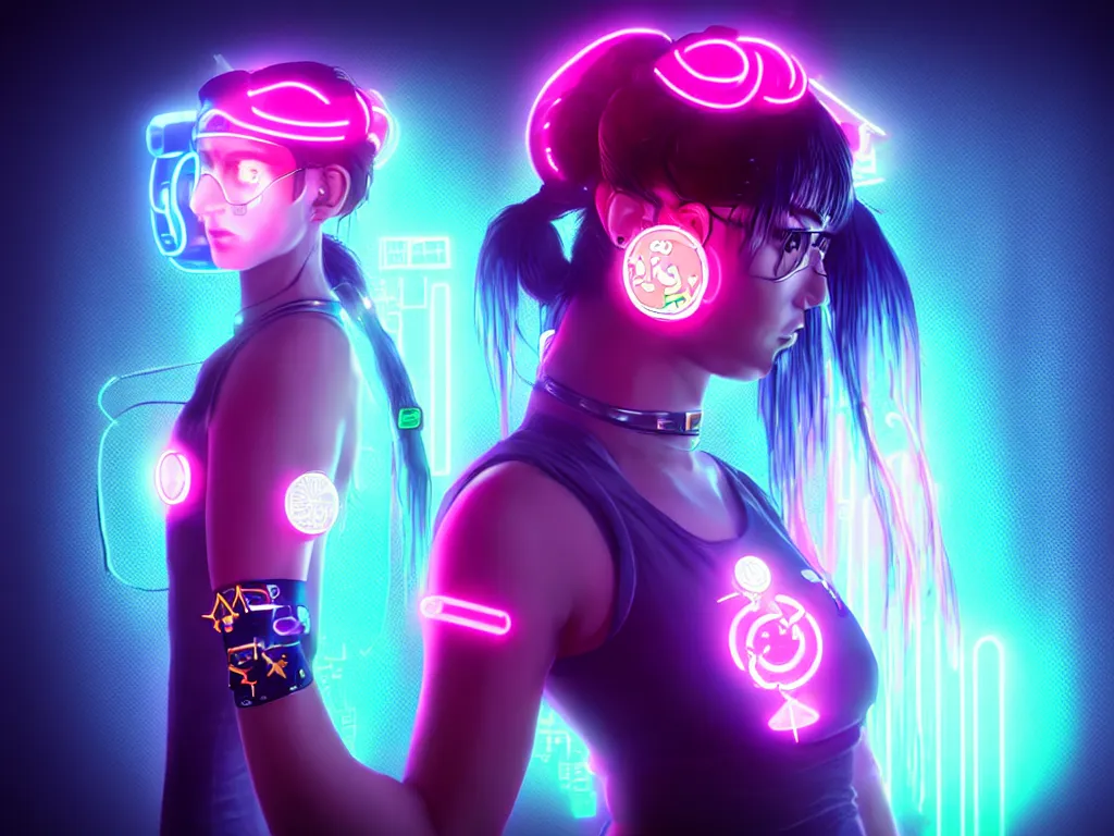 Image similar to a portrait of the neon cyberpunk sailor moon with arm tattoos, single person, dystopian scifi gear, gloomy, profile picture,