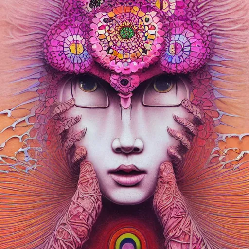 Image similar to the queen of pink by takashi murakami and zdzisław beksiński, oil on canvas, intricately detailed artwork, full 8k high quality resolution, recently just found unknown masterpiece