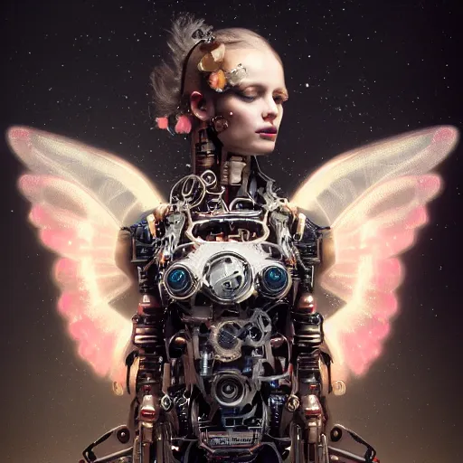 Prompt: a beautiful intricate fine art portrait photo of a a mechanical industrial steampunk cybernetic angel with neon wings against galactic space, soft backlight, by tom bagshaw and zach sutton, perfection!, milk bath photography, studio lighting, 3 5 mm lens, very detailed, bionic, cybernetic scifi, deep depth of field, artstation, 8 k, highly coherent