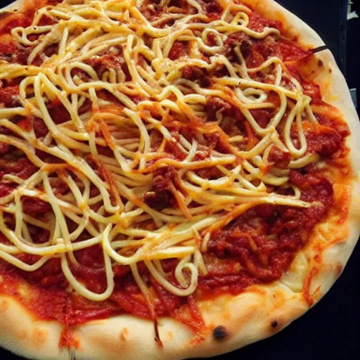 Prompt: French Fries and Spaghetti on Pizza. Shoestring-Fries on top