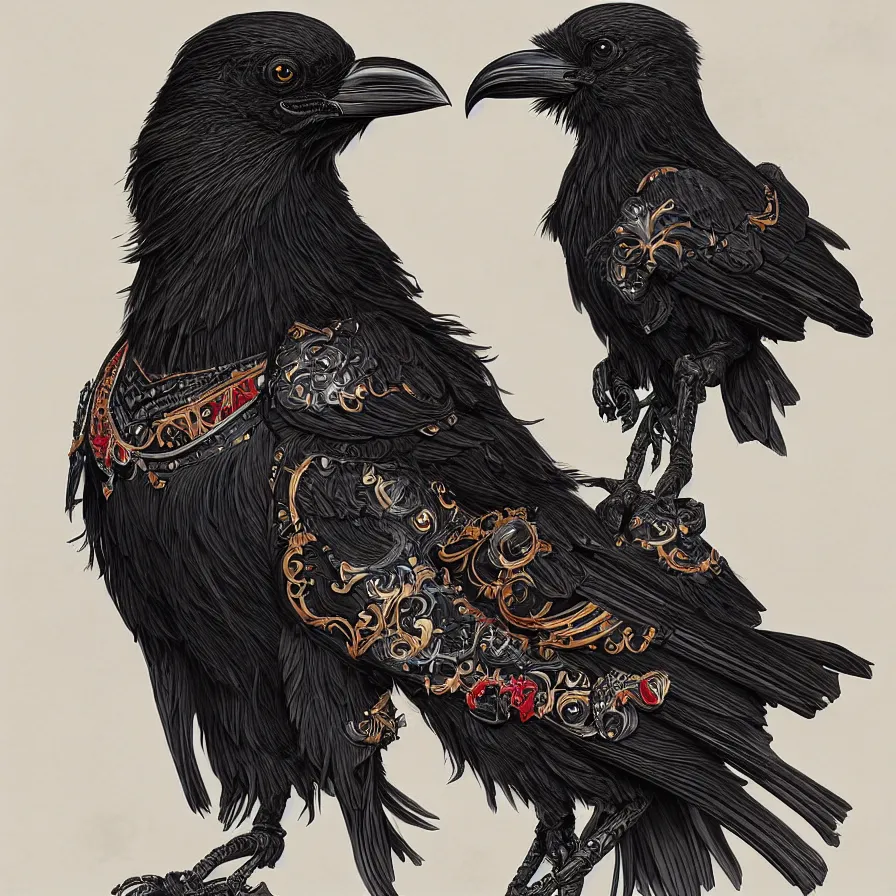 Image similar to beautiful black raven bird with ornate armor, cute, intricate, highly detailed, digital painting, trending on artstation, concept art, smooth, sharp focus, backlit, rim light, vivid colors, illustration, unreal engine 5, 8 k, art by rossdraws and alphonse mucha