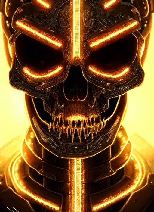 Image similar to extreme close up, portrait of a cyber skeleton, glowing runes surrounding, armor made of glowing runes, intricate, elegant, glowing lights, highly detailed, digital painting, artstation, concept art, smooth, sharp focus, illustration, art by wlop, mars ravelo and greg rutkowski