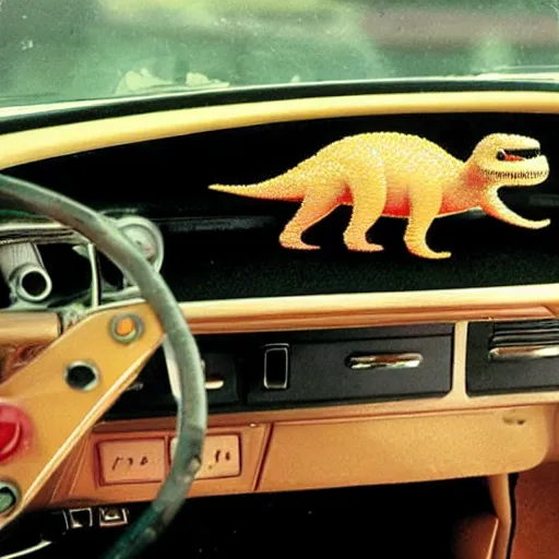 Prompt: 1970s car dashboard with small plastic dinos.