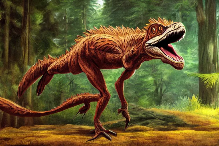 Prompt: highly detailed photograph of a oil velociraptor!!!!! in the forest, featured on pixiv