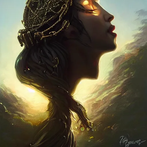 Prompt: a queen is chained to her throne, beautiful highly detailed face, complementary lighting, backlit, black eyeshadow, grinning, adventure, dramatic lighting, landscape background, beautiful painting by artgerm and greg rutkowski and raymond swanland