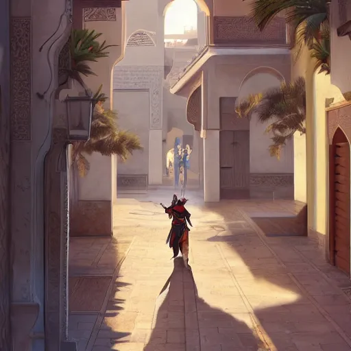 Prompt: hanzo from overwatch travels in marrakech streets, morocco, palm trees, mosque, highly detailed, digital painting, artstation, concept art, smooth, sharp focus, illustration, art by artgerm and greg rutkowski and alphonse mucha