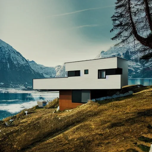 Image similar to wes anderson style modern futuristic house near the lake, snowy mountains and green forest, cinematic, realism, photo, detailed