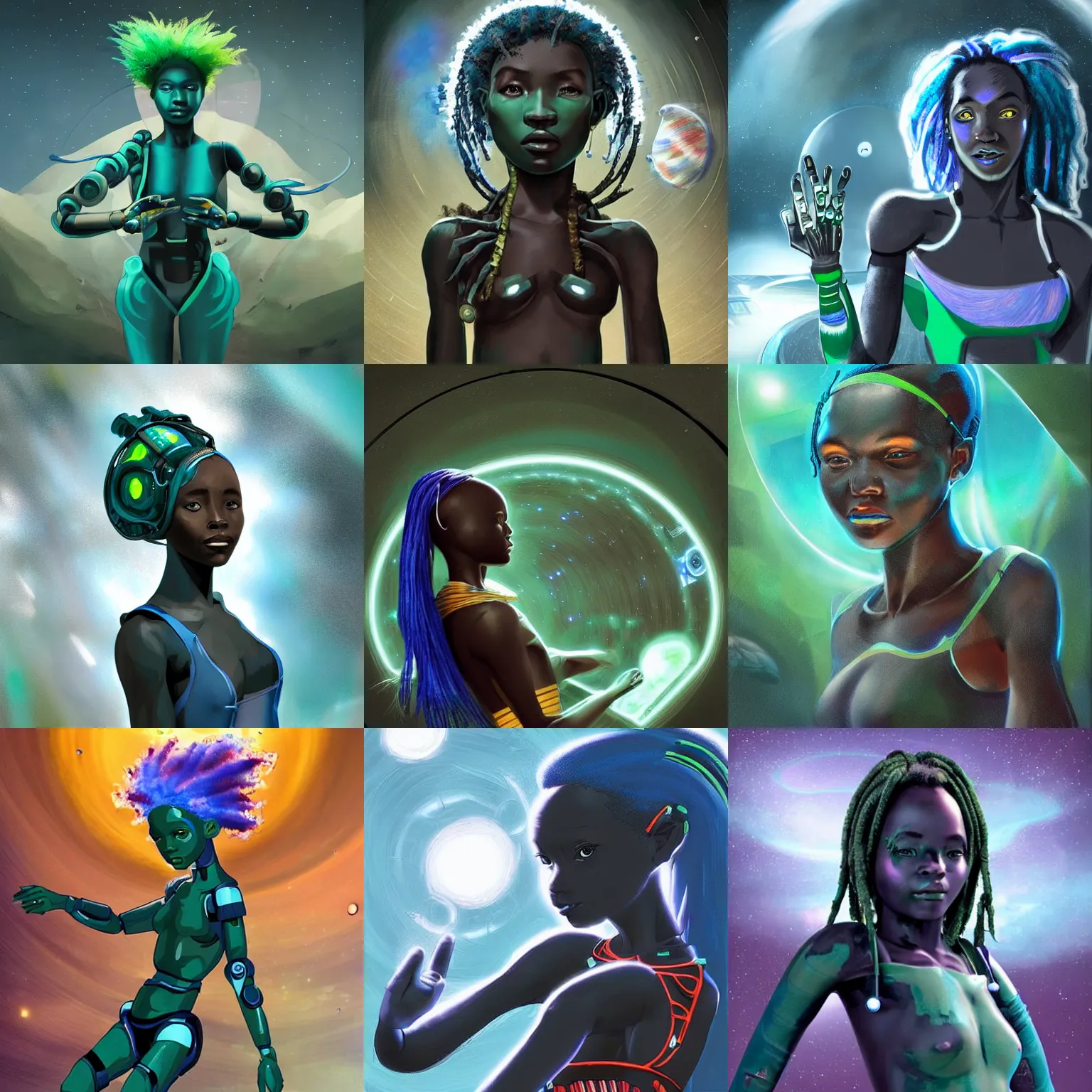 Prompt: concept art of beautiful futuristic himba girl with robotic arms and blue hair in a dark green space station, hyperrealistic, sci - fi