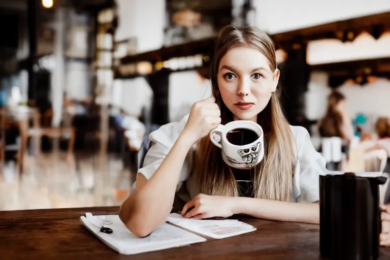 Image similar to girl drinking coffee with pepe the frog in a cafe, studio photo